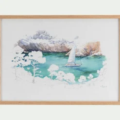 Aquarelle encadrée bateau 38x53cm - bleu