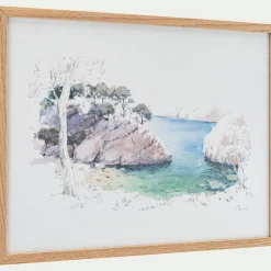 Aquarelle encadrée crique 38x53cm - bleu