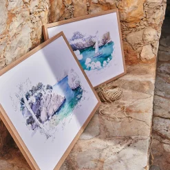 Aquarelle encadrée crique 38x53cm - bleu