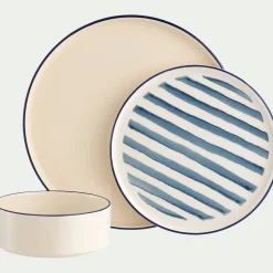 Assiette à dessert en céramique D20cm à rayures - blanc