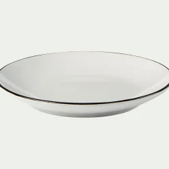 Assiette à dessert en grès avec liserai noir D19,2cm - blanc