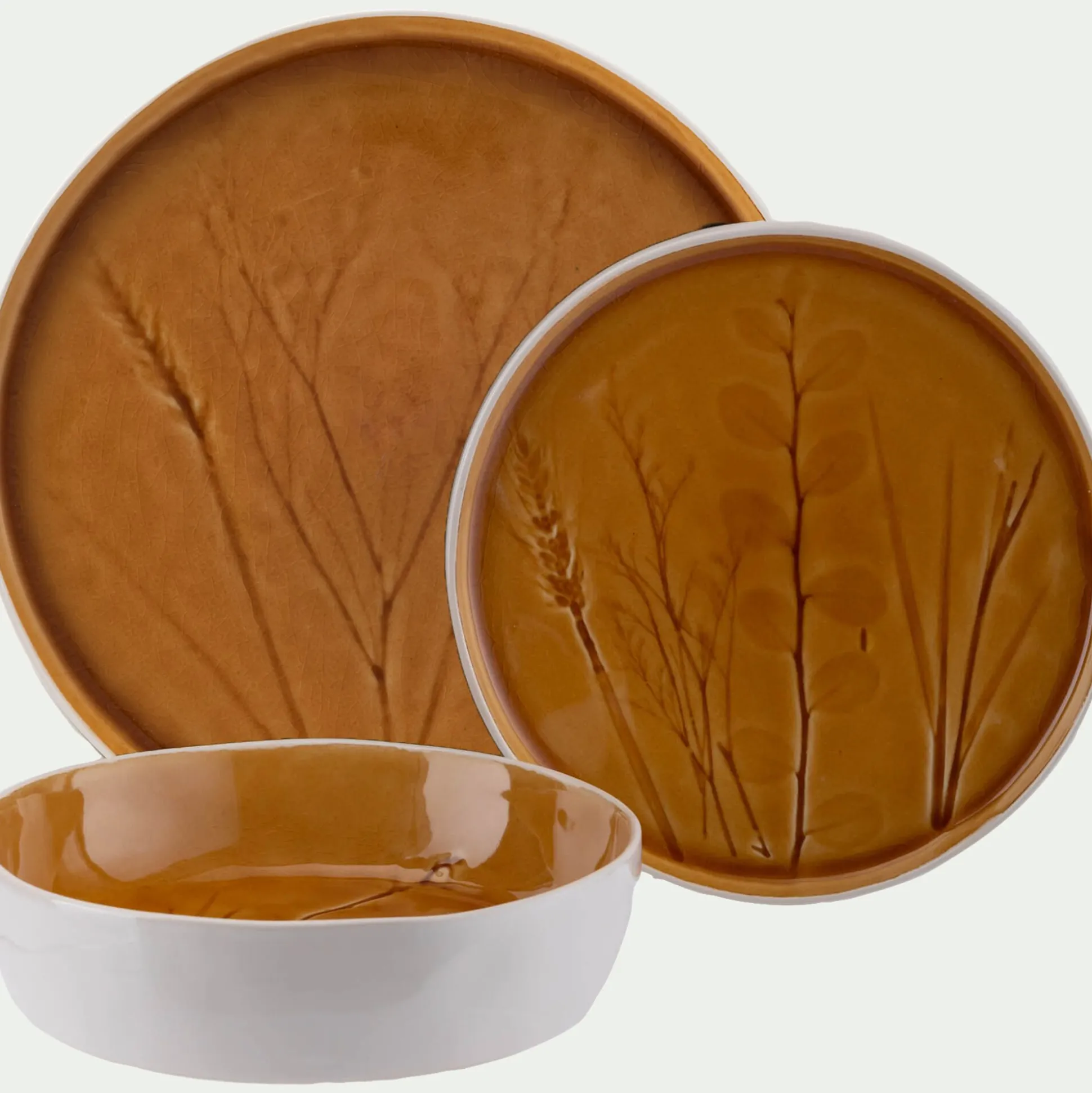 Assiette à dessert impressions végétales en grès D20cm - jaune argan
