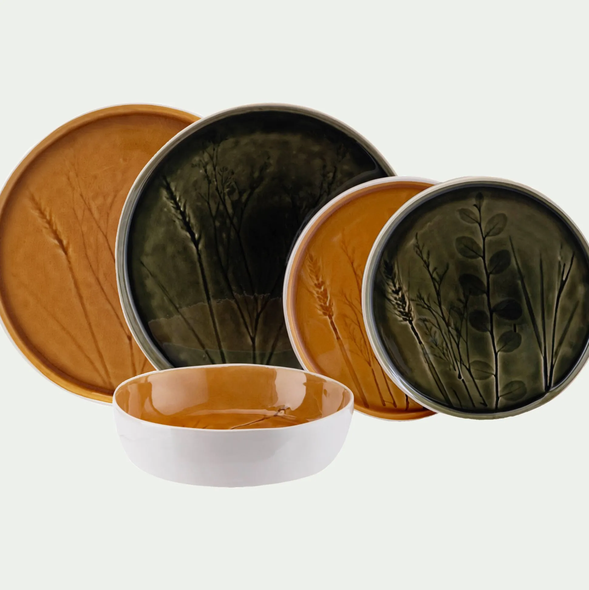 Assiette à dessert impressions végétales en grès D20cm - jaune argan