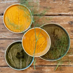 Assiette creuse impressions végétales en grès D19,5cm - jaune argan