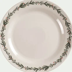 Assiette plate avec motif houx en grès D28cm - blanc