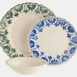 Assiette plate en grès à motif floral vert D28cm - blanc