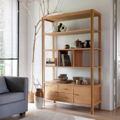 Bibliothèque en chêne avec 2 tiroirs et 2 placards - bois clair