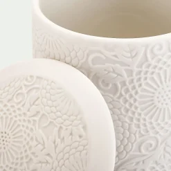 Boîte déco gravure florale en grès - blanc D10xH11cm