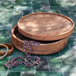 Boîte déco ronde en acacia D25xH7cm - bois foncé