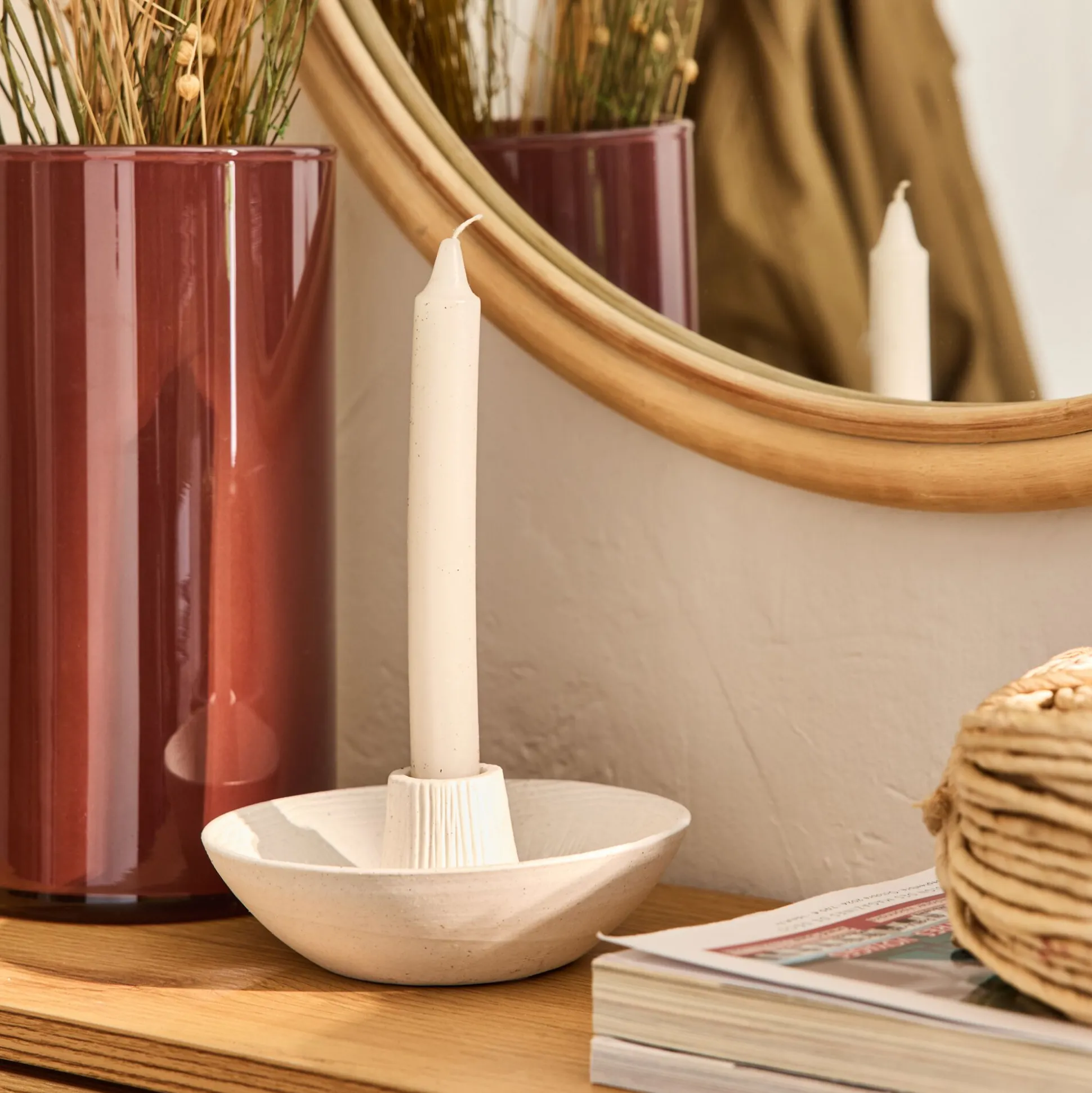 Bougeoir rond en grès D14xH5cm - blanc