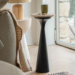 Bout de canapé en acier et travertin D26xH56cm - noir