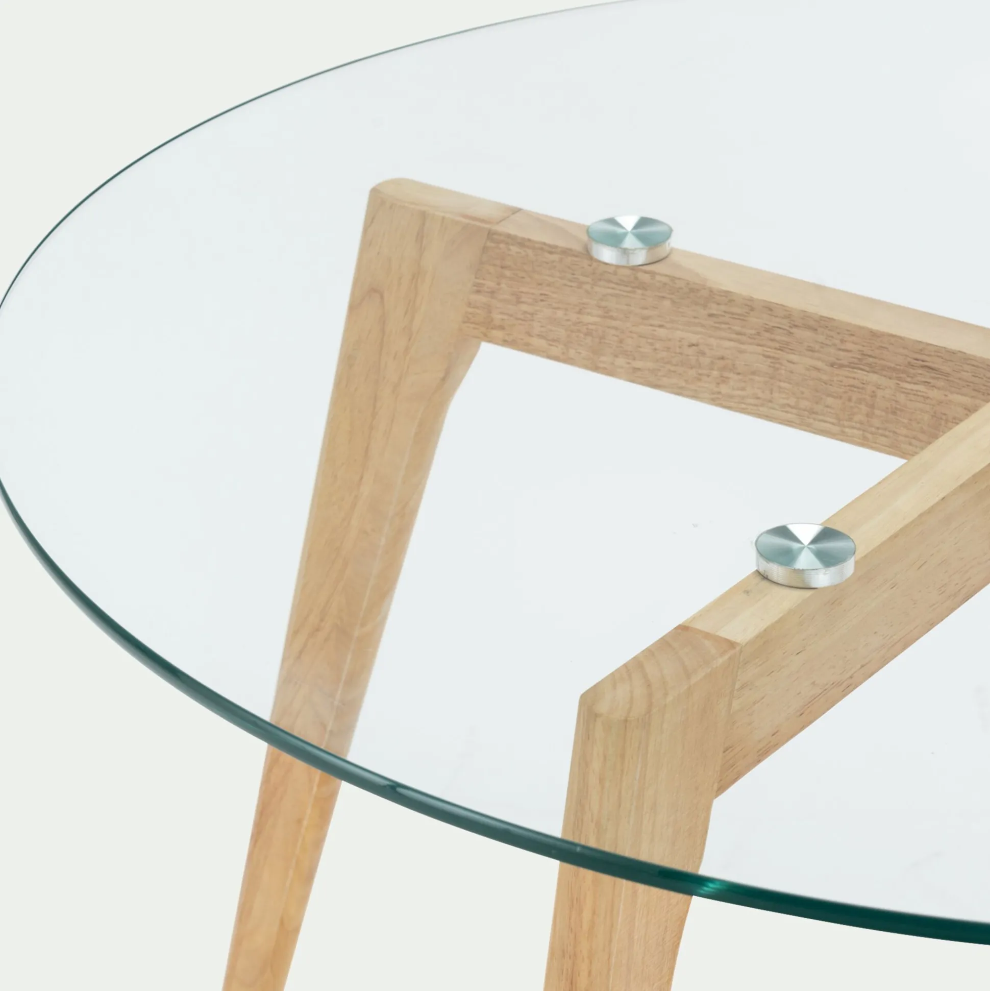 Bout de canapé en verre et bois d'hévéa - transparent D80xH45cm