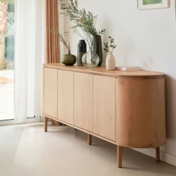 Buffet bas ovale en bois et piètement en chêne masif - bois clair