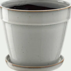 Cache-pot et sa coupelle en céramique D23cm - blanc cassé