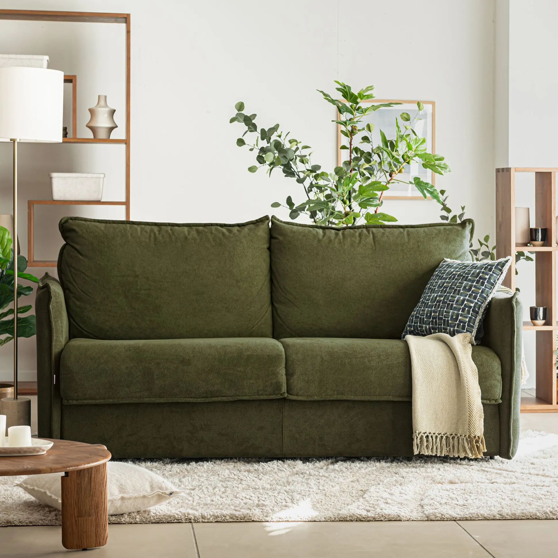 Canapé 4 places convertible en tissu avec matelas densité 35kg/m3 - vert cèdre