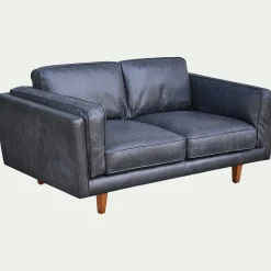 Canapé 2 places fixe en cuir de vachette - noir