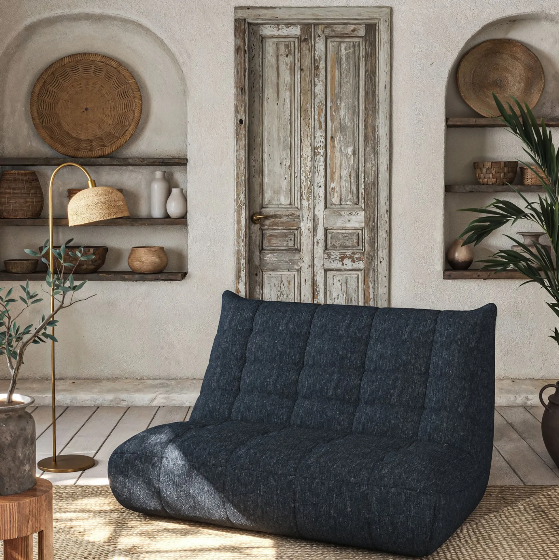 Canapé 3 places fixe en tissu chenille - bleu marine