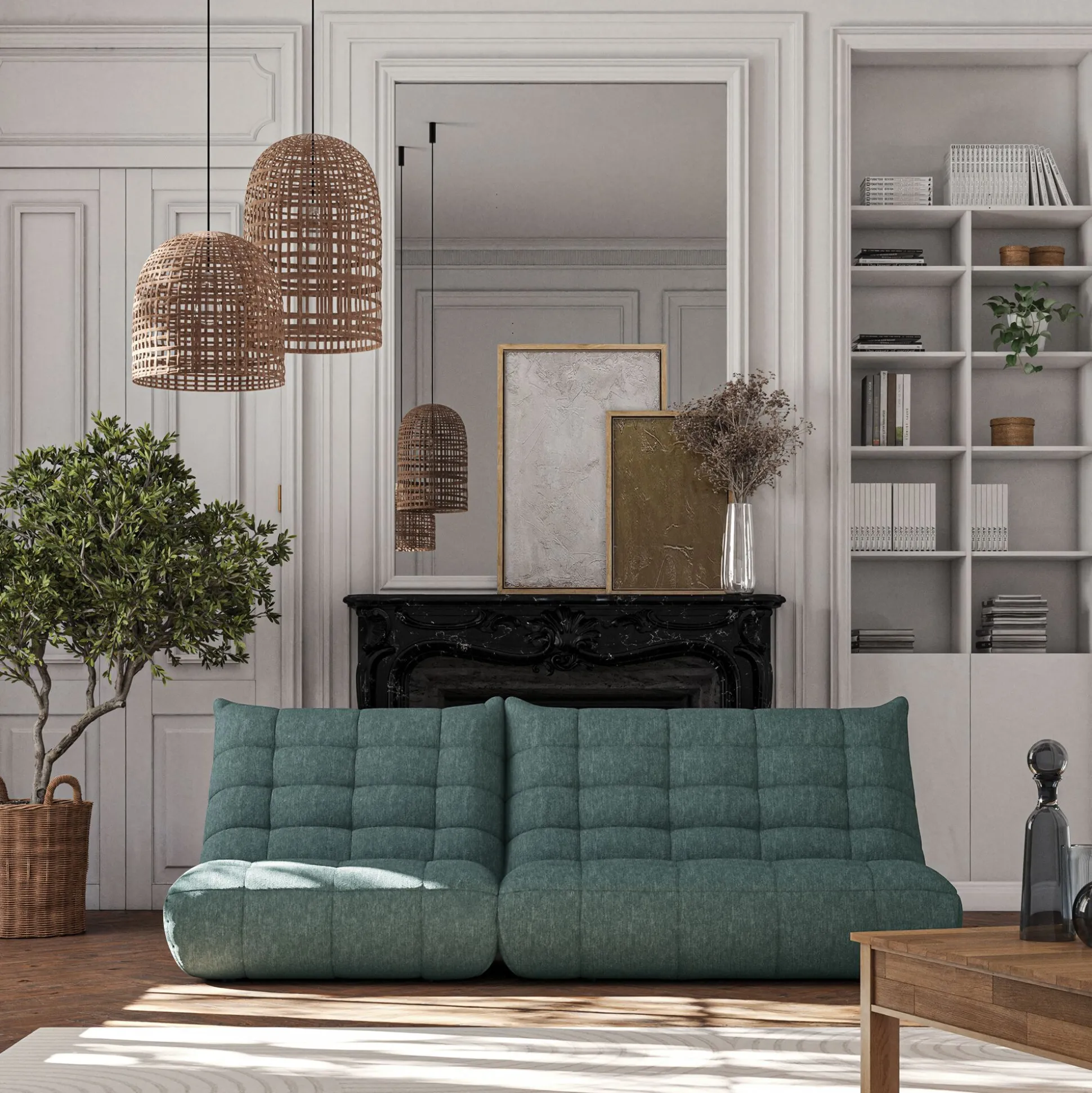 Canapé 3 places fixe en tissu chenille - bleu calaluna