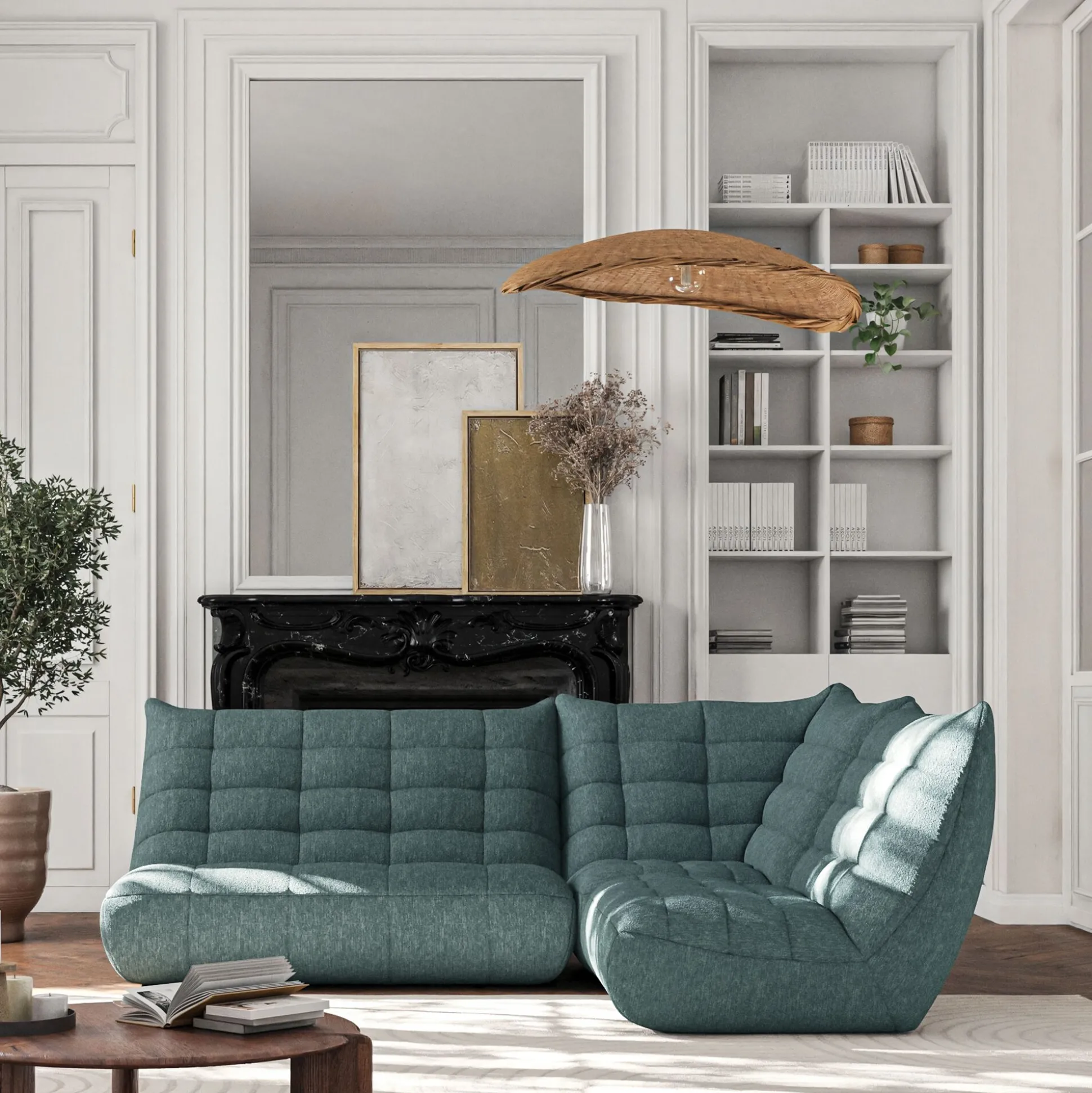 Canapé 3 places fixe en tissu chenille - bleu calaluna