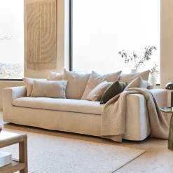 Canapé 4 places fixe en tissu doux tramé - beige