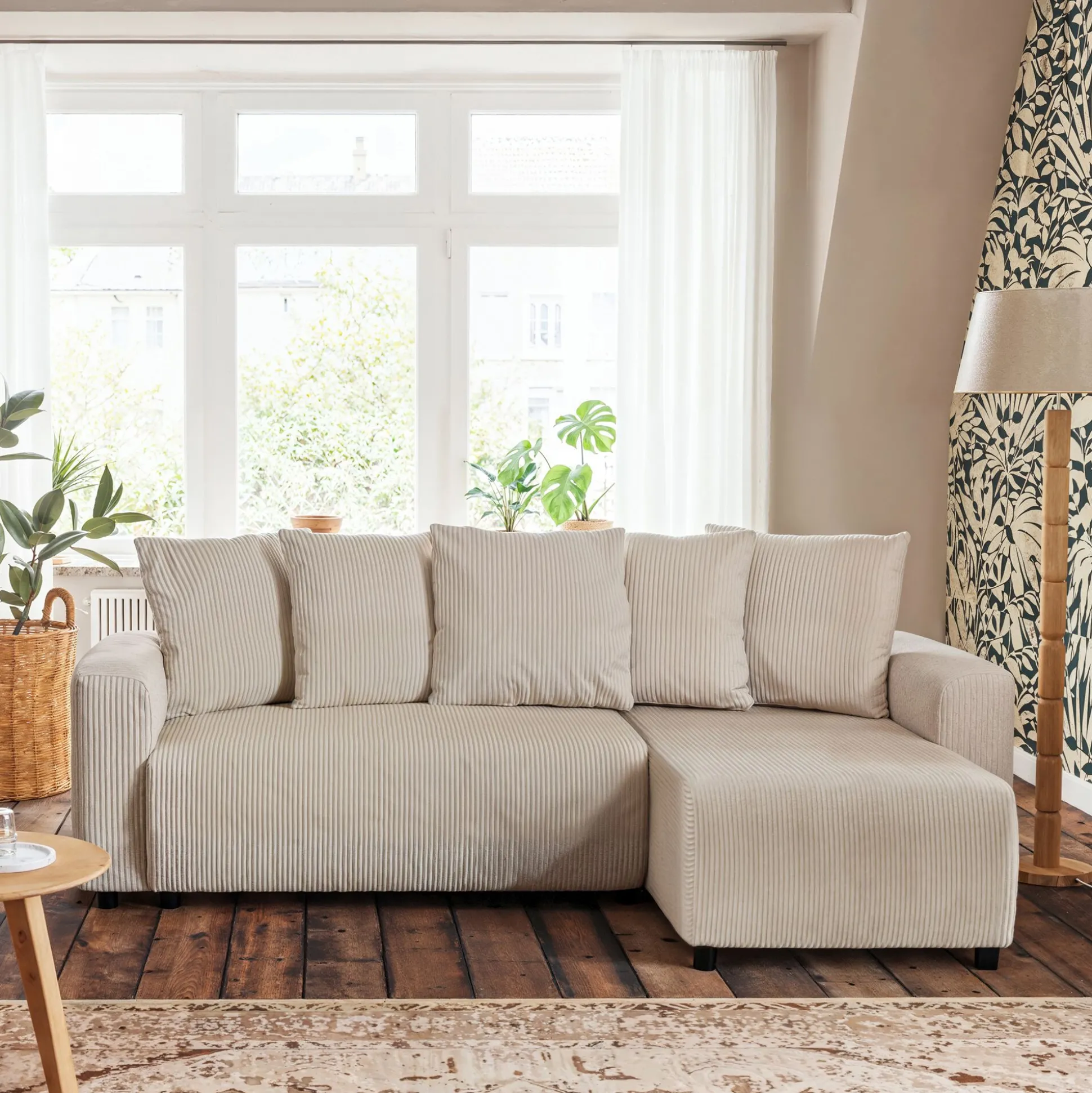 Canapé convertible à angle réversible en velours côtelé - beige roucas