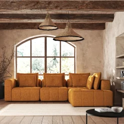 Canapé d'angle droit avec pouf en tissu Benjo - jaune argan