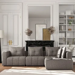 Canapé d'angle droit avec pouf en tissu Benjo - gris vesuve