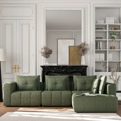 Canapé d'angle droit avec pouf en tissu Benjo - vert cèdre