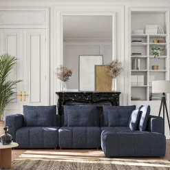 Canapé d'angle droit avec pouf en tissu Benjo - bleu marine