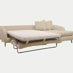 Canapé d'angle droit convertible en tissu tramé doux - blanc écru