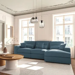 Canapé d'angle droit fixe en tissu bouclette - bleu