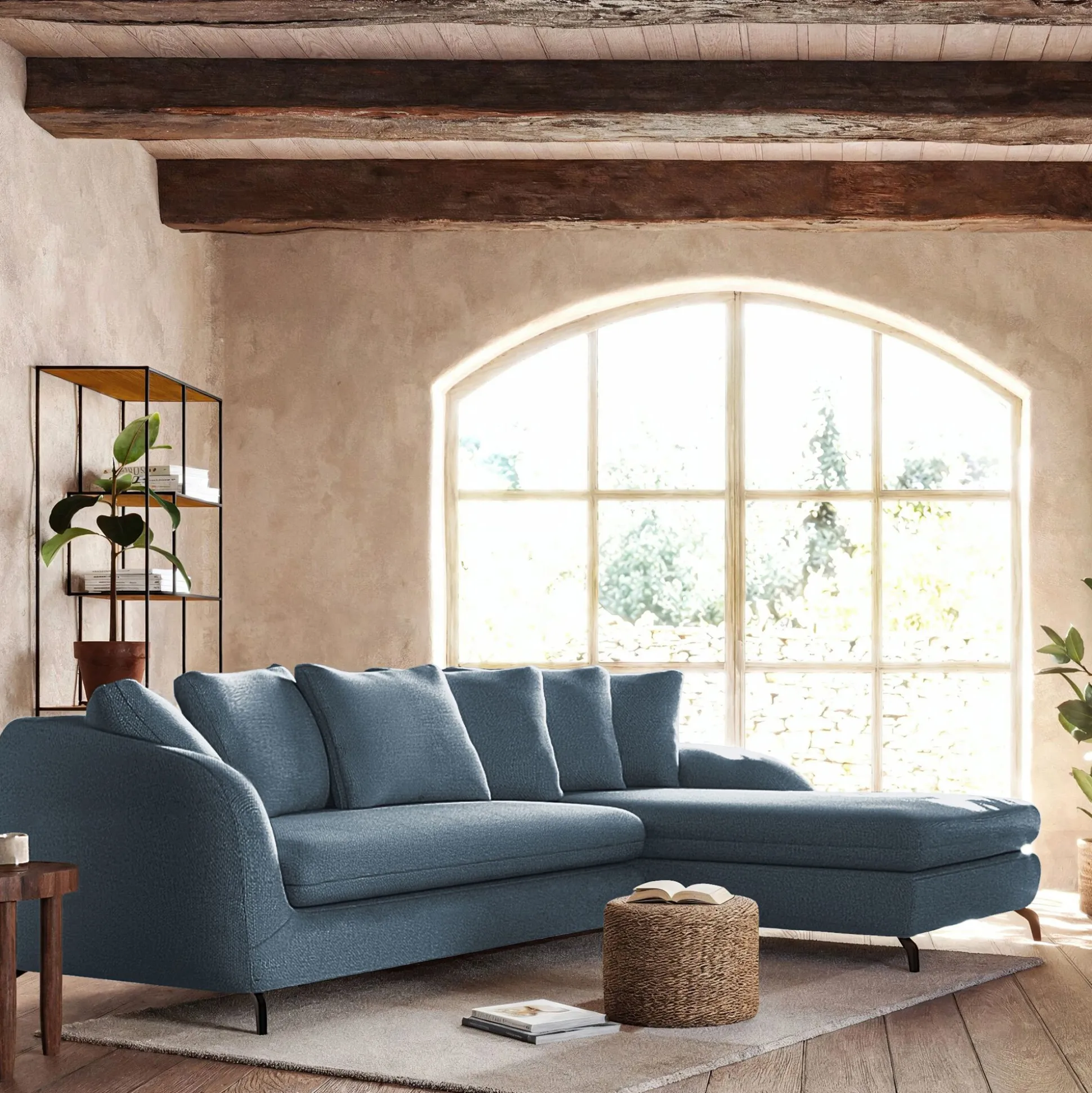 Canapé d'angle droit fixe en tissu doux tramé - bleu