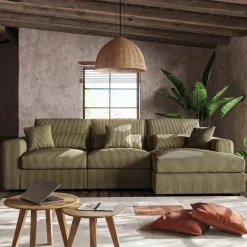 Canapé d'angle droit fixe en velours côtelé - vert cèdre