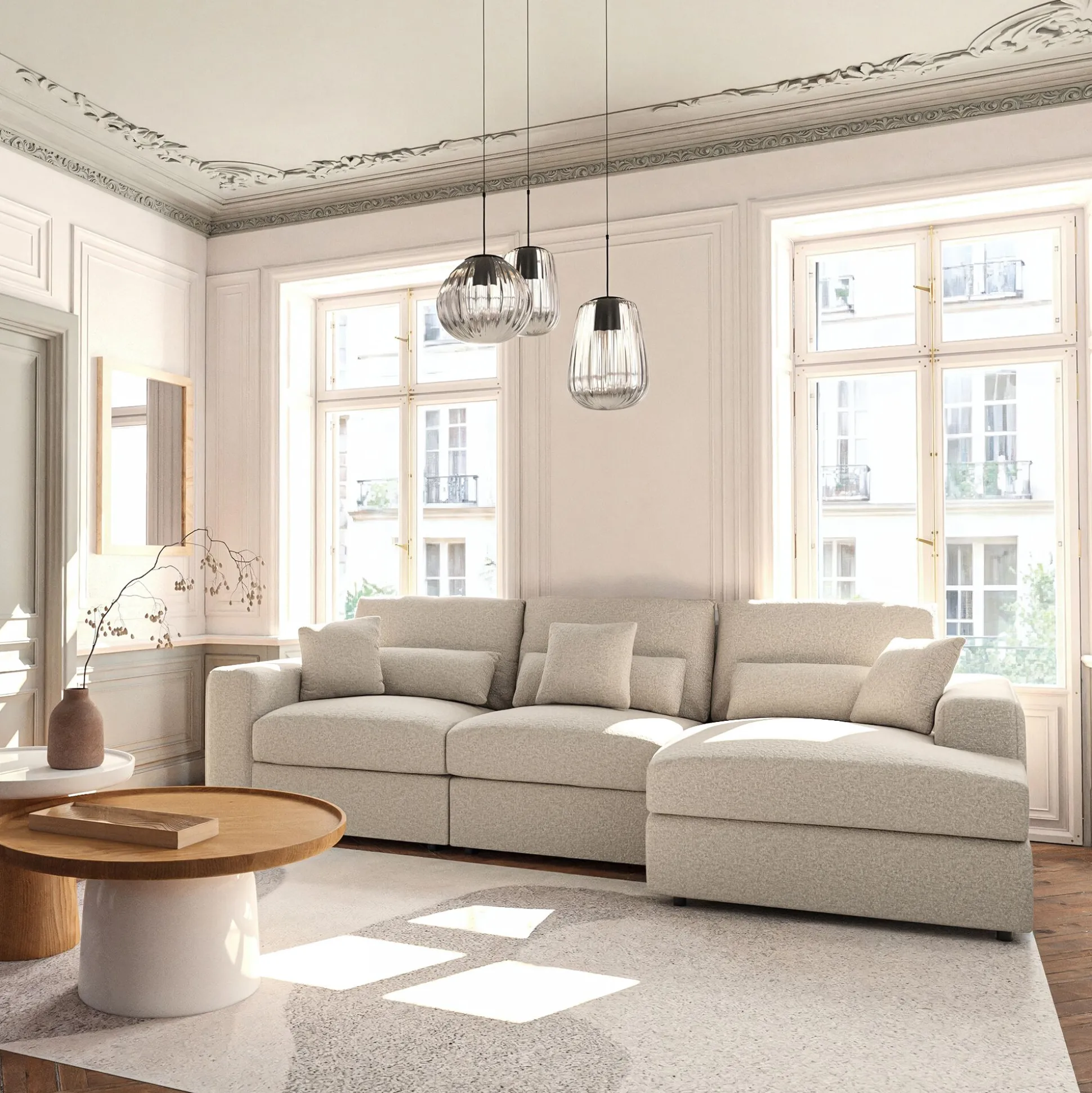 Canapé d'angle droit fixe en tissu bouclette - blanc écru