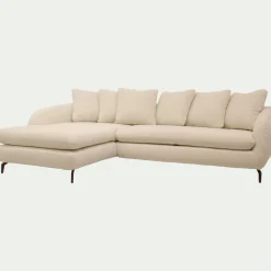 Canapé d'angle gauche convertible en tissu doux tramé - blanc écru