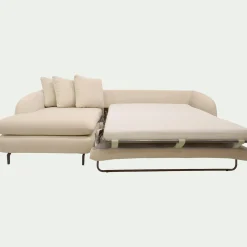 Canapé d'angle gauche convertible en tissu doux tramé - blanc écru