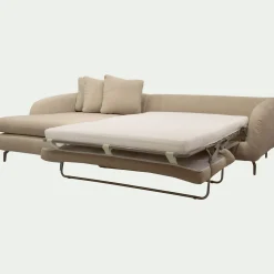 Canapé d'angle gauche convertible en tissu doux tramé - beige