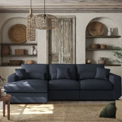 Canapé d'angle gauche fixe en tissu chenille Benjo - bleu marine