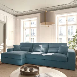 Canapé d'angle gauche fixe en velours côtelé - bleu