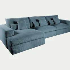 Canapé d'angle gauche fixe en velours côtelé - bleu