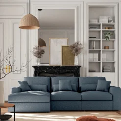 Canapé d'angle gauche fixe en tissu bouclette dasco - bleu