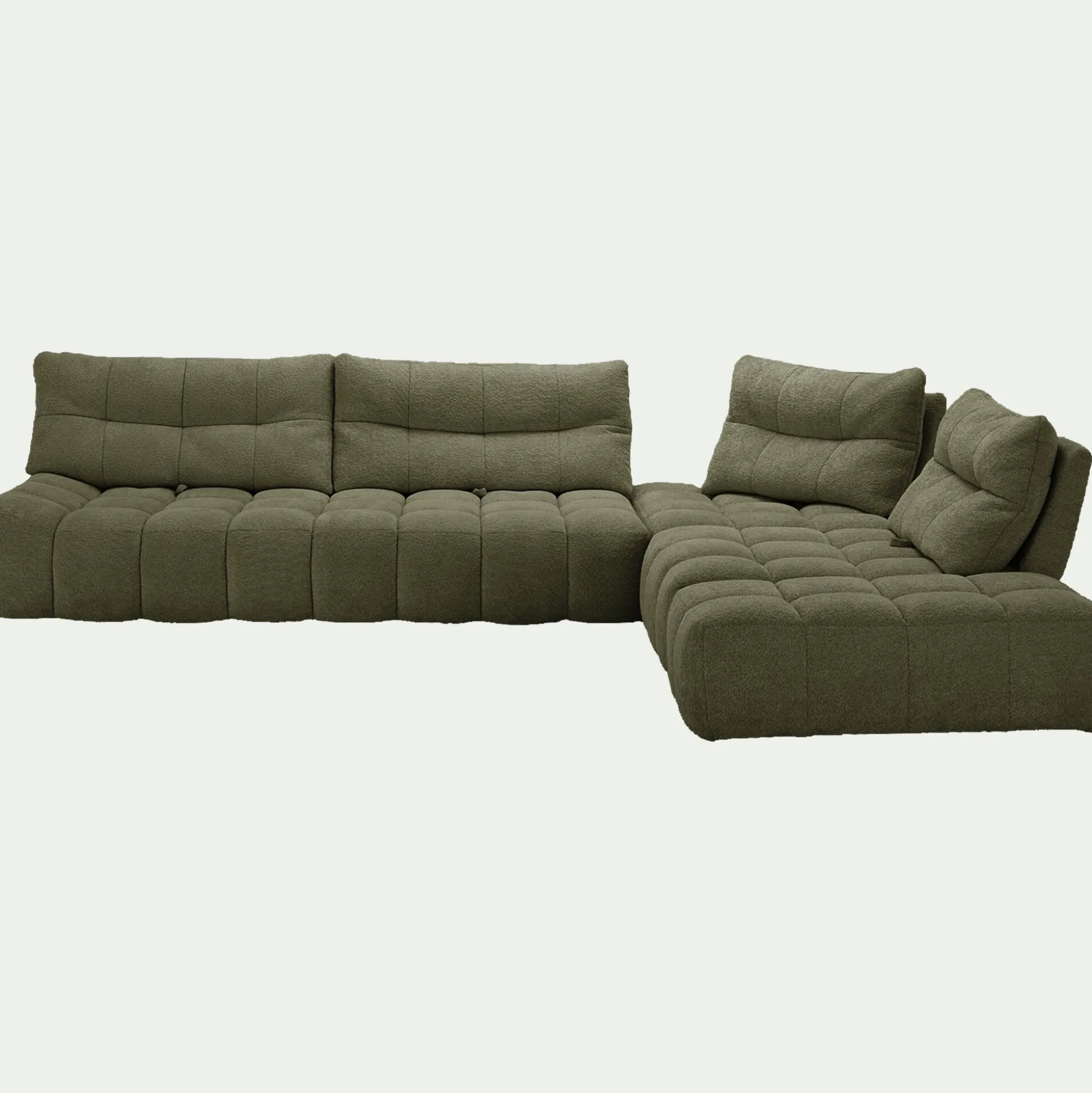 Canapé d'angle modulable avec chauffeuse et pouf en tissu campo- vert cèdre