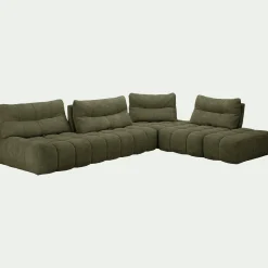 Canapé d'angle modulable avec chauffeuse et pouf en tissu campo- vert cèdre