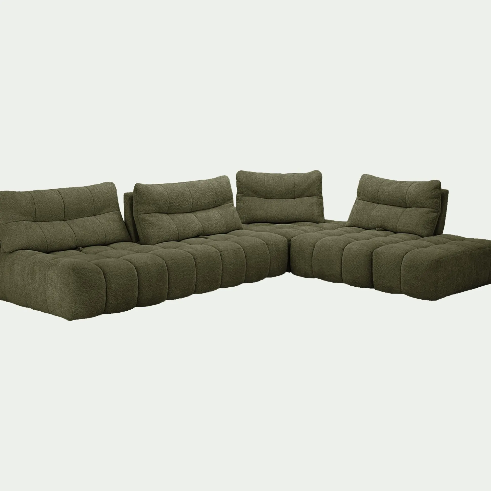 Canapé d'angle modulable avec chauffeuse et pouf en tissu campo- vert cèdre