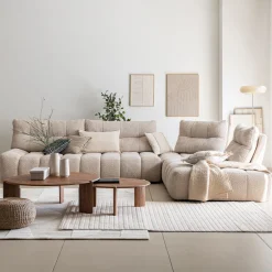 Canapé d'angle modulable avec chauffeuse et pouf en tissu campo- beige