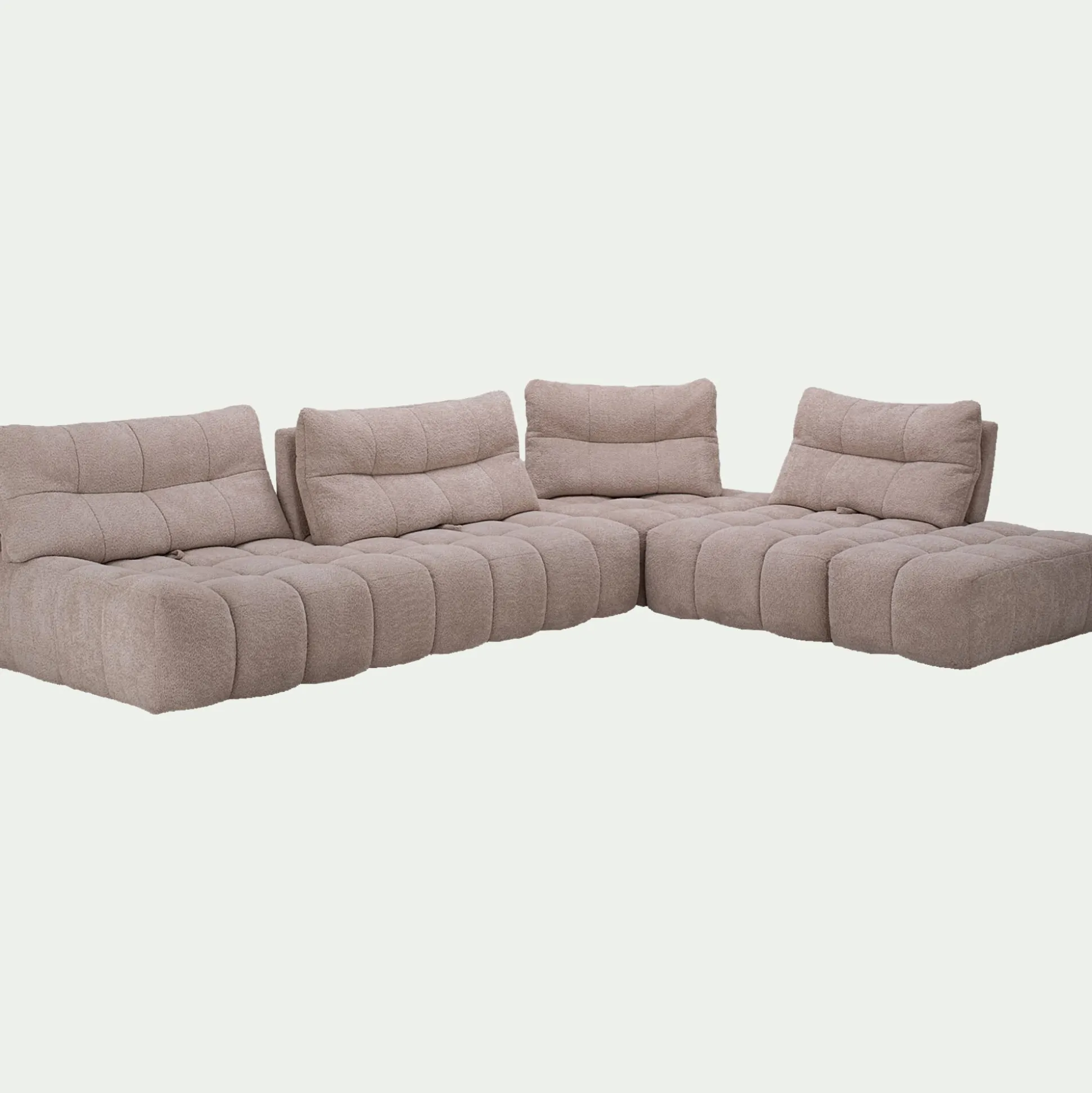 Canapé d'angle modulable avec chauffeuse et pouf en tissu campo- beige