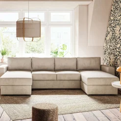 Canapé en U convertible en tissu tramé - beige roucas