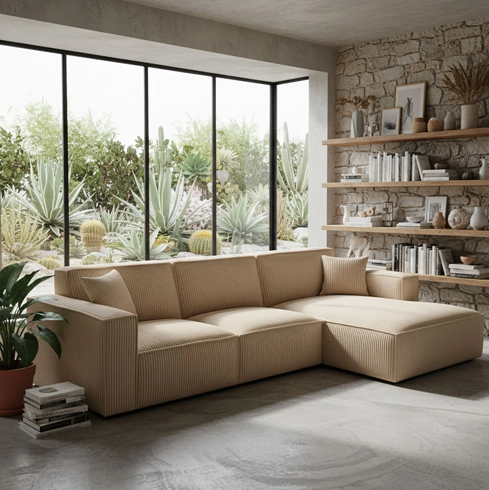 Canapé grand angle droit fixe en velours côtelé azores - taupe