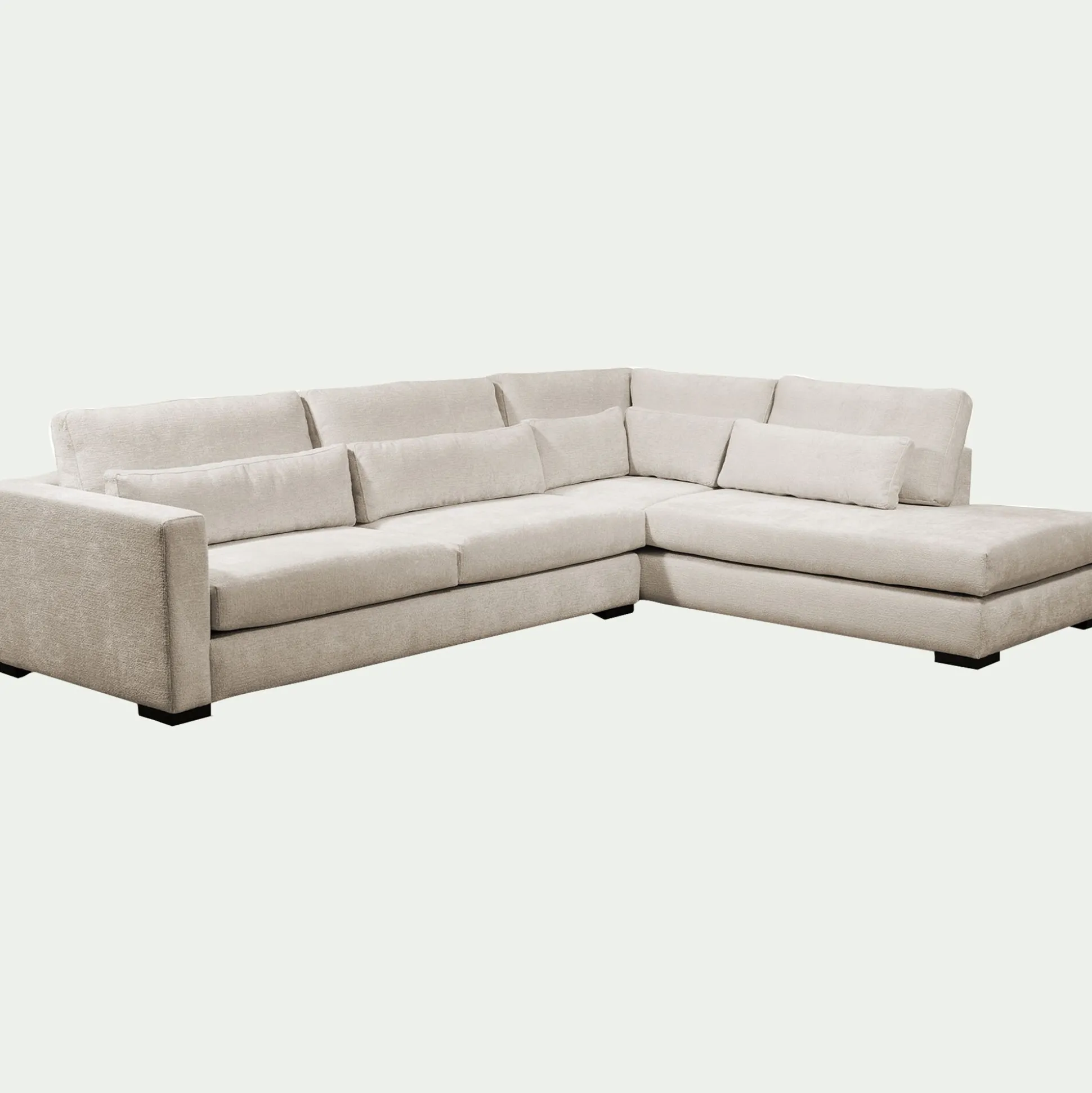 Canapé grand angle droit fixe avec méridienne en tissu tramé - beige