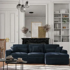 Canapé grand angle droit fixe en velours côtelé bita - bleu calabrun